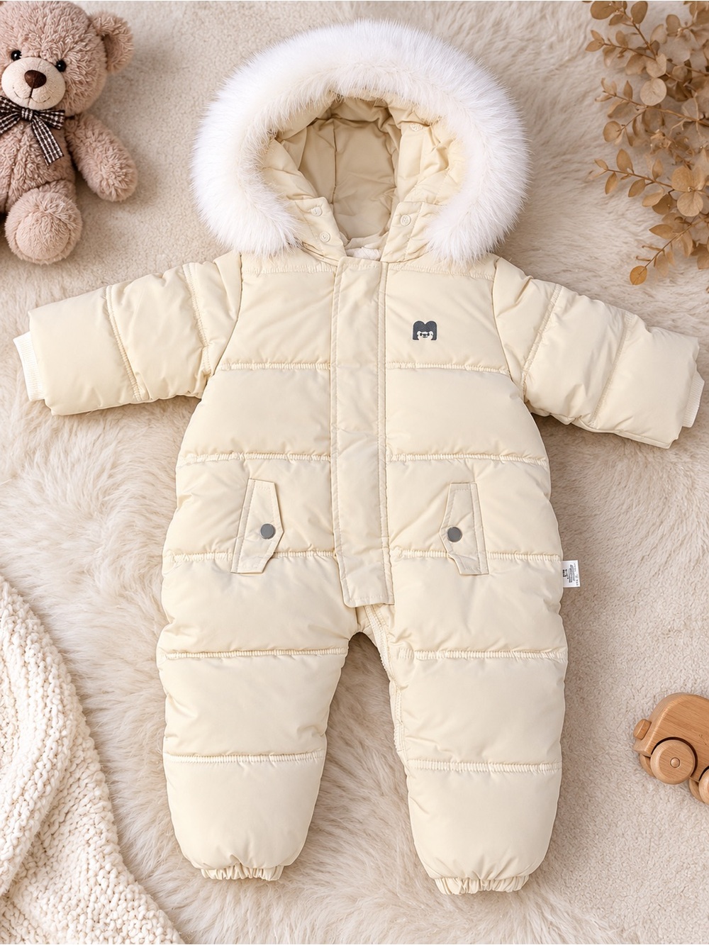 Warm Winter Unisex Beige Snowsuit, Mittens and Insulated Snap-On Booties, 9-16 M